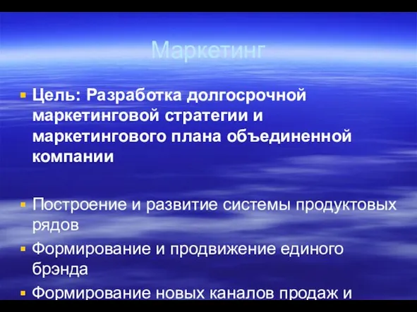 Маркетинг Цель: Разработка долгосрочной маркетинговой стратегии и маркетингового плана объединенной компании Построение