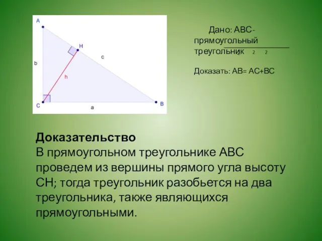 Дано: АВС- прямоугольный треугольник Доказать: АВ= АС+ВС 2 2 2 Доказательство В