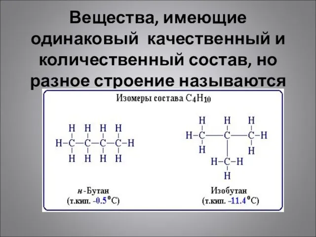 Вещества, имеющие одинаковый качественный и количественный состав, но разное строение называются изомерами