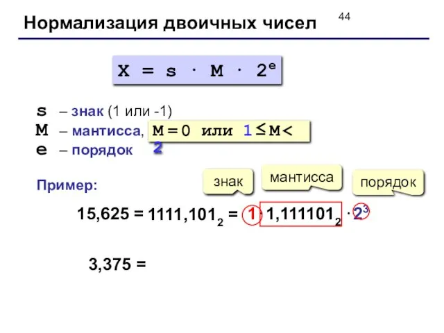 Нормализация двоичных чисел X = s ⋅ M ⋅ 2e s –