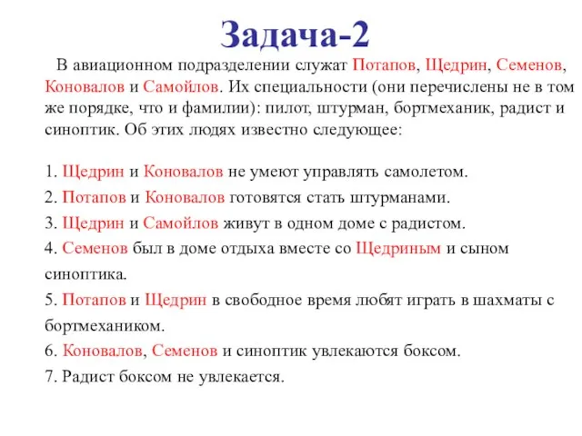 В авиационном подразделении служат Потапов, Щедрин, Семенов, Коновалов и Самойлов. Их специальности