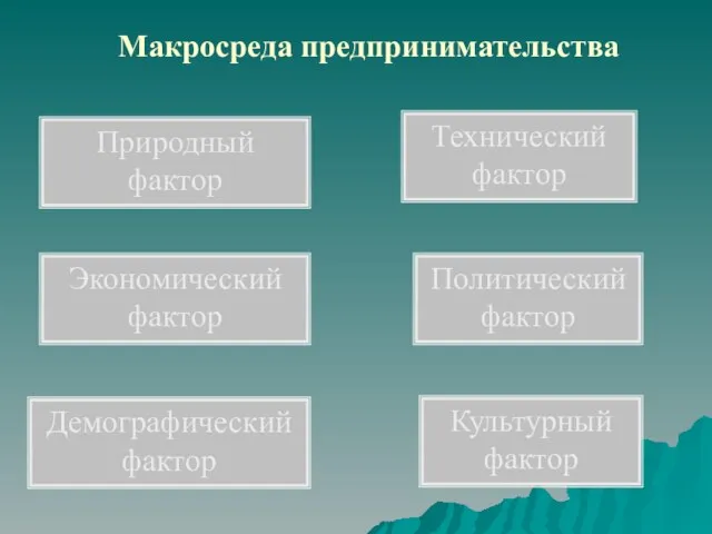 Макросреда предпринимательства Природный фактор Технический фактор Политический фактор Экономический фактор Культурный фактор Демографический фактор