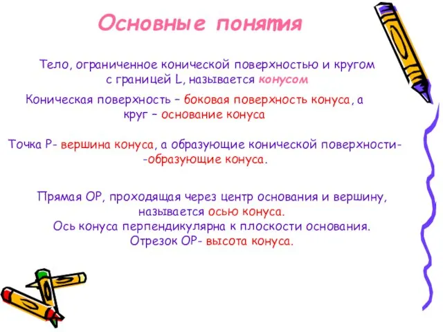 Основные понятия Тело, ограниченное конической поверхностью и кругом с границей L, называется