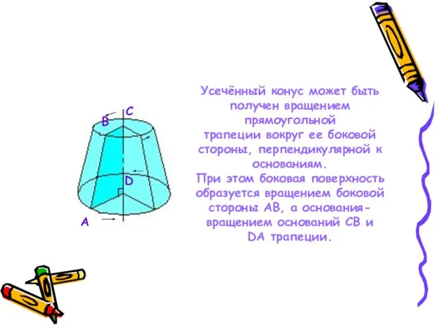 Усечённый конус может быть получен вращением прямоугольной трапеции вокруг ее боковой стороны,