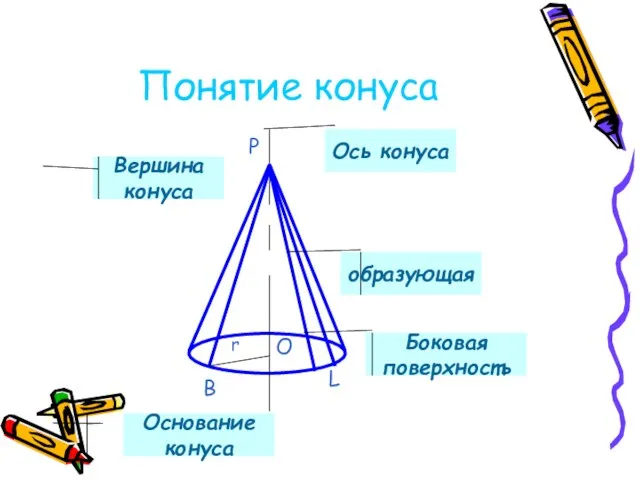 Понятие конуса B P O r L Ось конуса Вершина конуса образующая Боковая поверхность Основание конуса