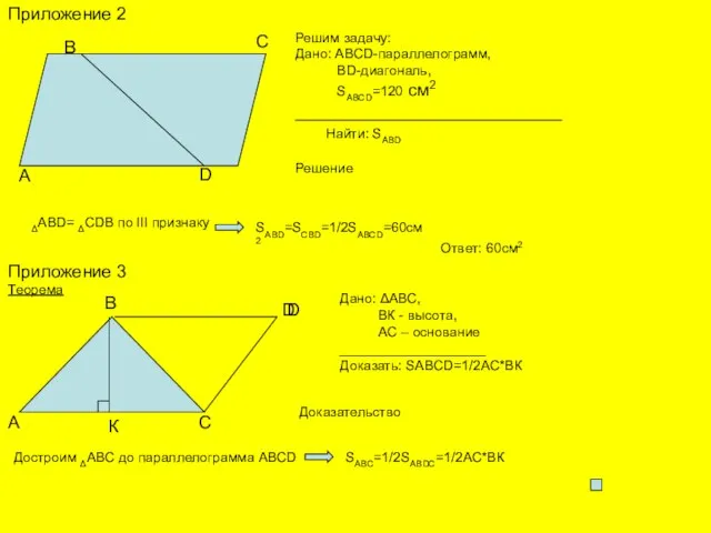 Приложение 2 Решим задачу: Дано: ABCD-параллелограмм, BD-диагональ, SABCD=120 см2 ___________________________ Найти: SABD