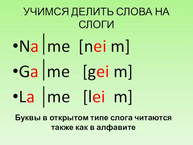 УЧИМСЯ ДЕЛИТЬ СЛОВА НА СЛОГИ Na me [nei m] Ga me [gei