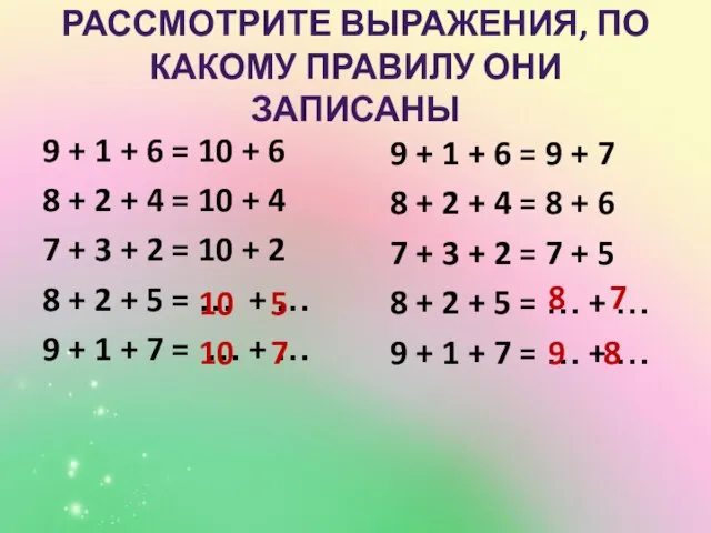 РАССМОТРИТЕ ВЫРАЖЕНИЯ, ПО КАКОМУ ПРАВИЛУ ОНИ ЗАПИСАНЫ 9 + 1 + 6