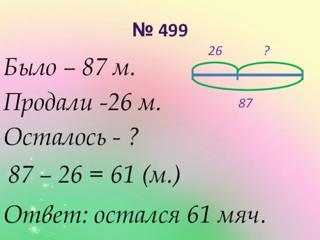 № 499 Было – 87 м. Продали -26 м. Осталось - ?