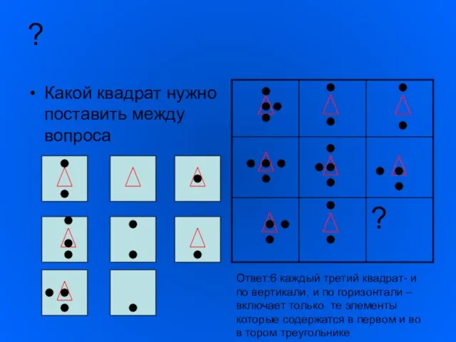 ? Какой квадрат нужно поставить между вопроса Ответ:6 каждый третий квадрат- и