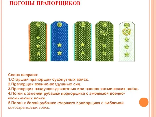 ПОГОНЫ ПРАПОРЩИКОВ Слева направо: 1.Старший прапорщик сухопутных войск. 2.Прапорщик военно-воздушных сил. 3.Прапорщик