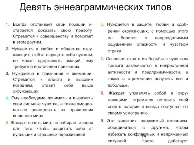 Девять эннеаграммических типов 1. Всегда отстаивает свои позиции и старается доказать свою