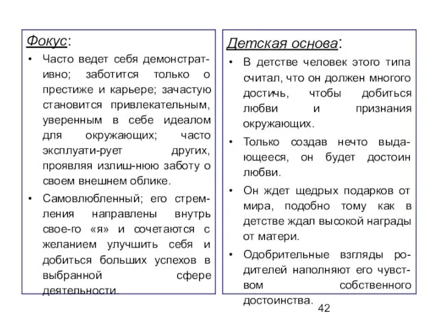 Фокус: Часто ведет себя демонстрат-ивно; заботится только о престиже и карьере; зачастую