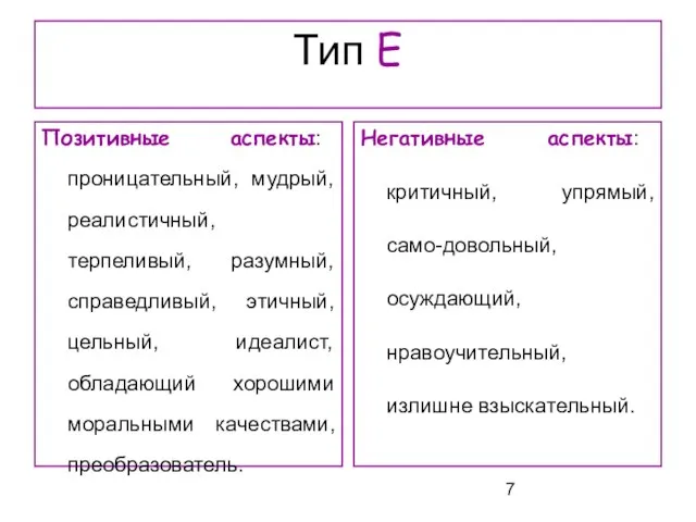 Тип Е Позитивные аспекты: проницательный, мудрый, реалистичный, терпеливый, разумный, справедливый, этичный, цельный,