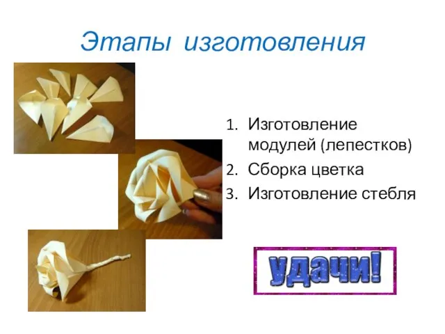 Этапы изготовления Изготовление модулей (лепестков) Сборка цветка Изготовление стебля