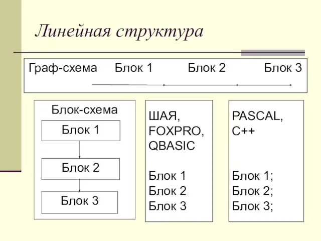 Линейная структура Граф-схема Блок 1 Блок 2 Блок 3 Блок-схема ШАЯ, FOXPRO,