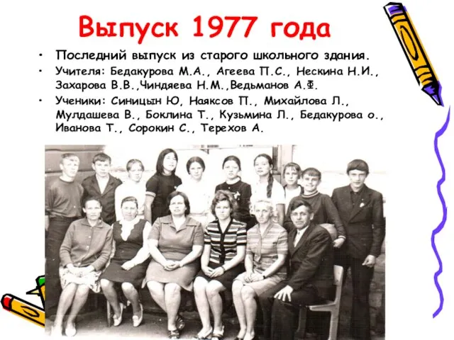 Выпуск 1977 года Последний выпуск из старого школьного здания. Учителя: Бедакурова М.А.,