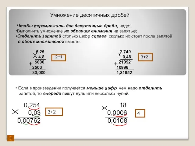 Умножение десятичных дробей Чтобы перемножить две десятичные дроби, надо: •Выполнить умножение не