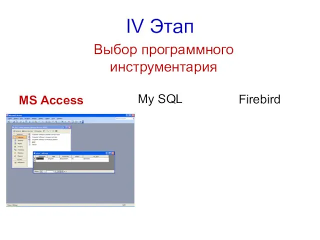 IV Этап Выбор программного инструментария MS Access My SQL Firebird