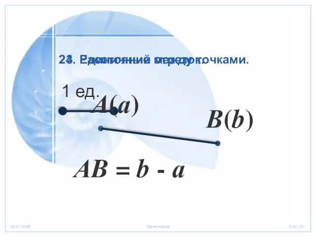 24. Расстояние между точками. 23. Единичный отрезок. 1 ед. А(а) В(b) АB = b - а