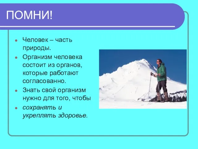 Человек – часть природы. Организм человека состоит из органов, которые работают согласованно.