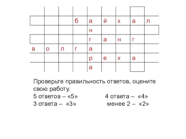 Проверьте правильность ответов, оцените свою работу. 5 ответов – «5» 4 ответа