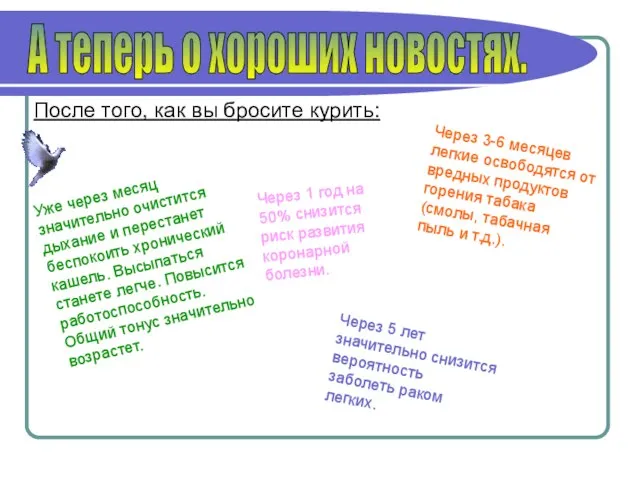 А теперь о хороших новостях. После того, как вы бросите курить: Уже