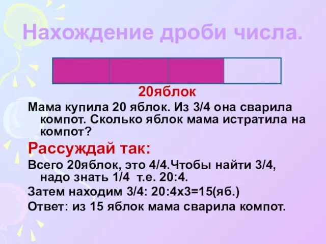 Нахождение дроби числа. 20яблок Мама купила 20 яблок. Из 3/4 она сварила