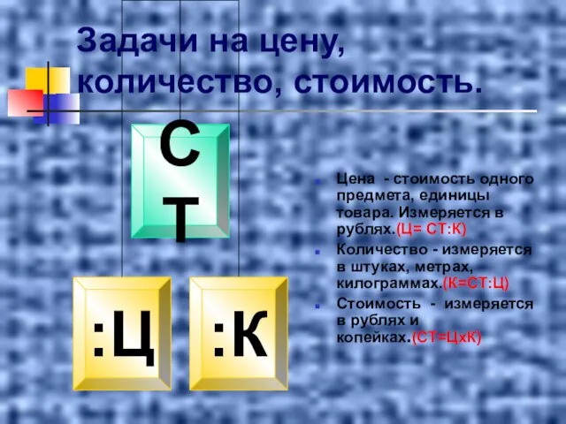 Задачи на цену, количество, стоимость. Цена - стоимость одного предмета, единицы товара.