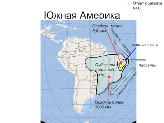 Южная Америка Ответ к загадке № 6 Осадков более 1000 мм Осадков