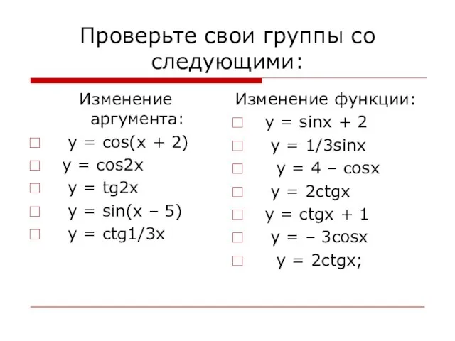 Проверьте свои группы со следующими: Изменение аргумента: y = cos(x + 2)