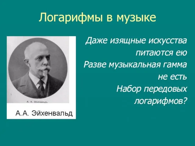 Логарифмы в музыке Даже изящные искусства питаются ею Разве музыкальная гамма не есть Набор передовых логарифмов?