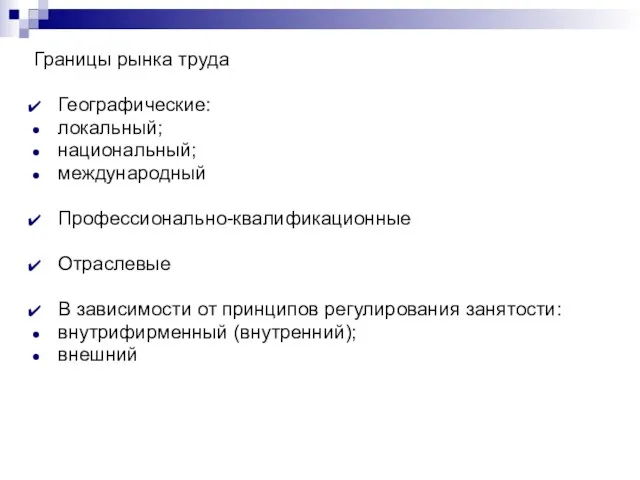 Границы рынка труда Географические: локальный; национальный; международный Профессионально-квалификационные Отраслевые В зависимости от