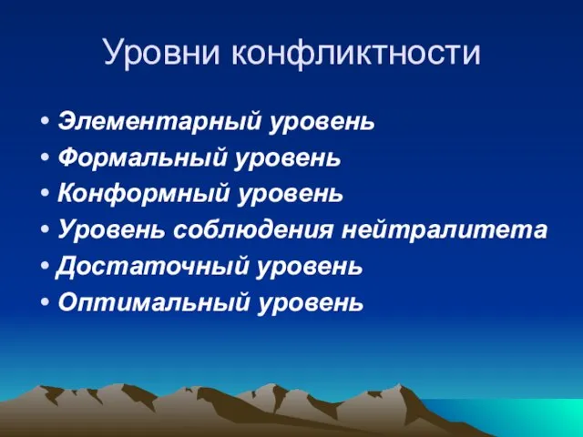 Уровни конфликтности Элементарный уровень Формальный уровень Конформный уровень Уровень соблюдения нейтралитета Достаточный уровень Оптимальный уровень