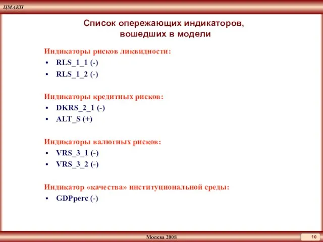 Список опережающих индикаторов, вошедших в модели Индикаторы рисков ликвидности: RLS_1_1 (-) RLS_1_2