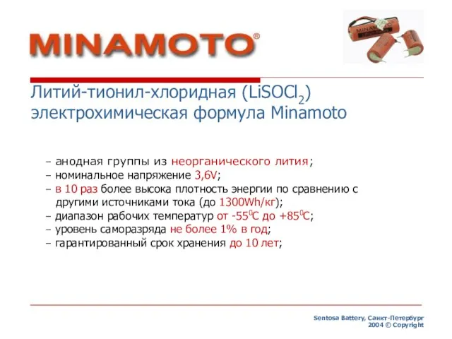 Sentosa Battery, Санкт-Петербург 2004 © Copyright Литий-тионил-хлоридная (LiSOCl2) электрохимическая формула Minamoto –