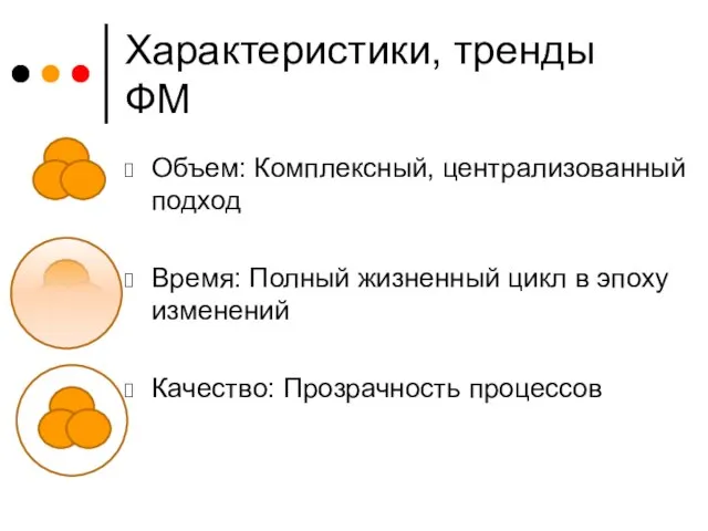 Характеристики, тренды ФМ Объем: Комплексный, централизованный подход Время: Полный жизненный цикл в