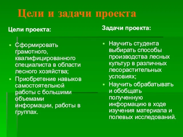 Цели и задачи проекта Цели проекта: Сформировать грамотного, квалифицированного специалиста в области