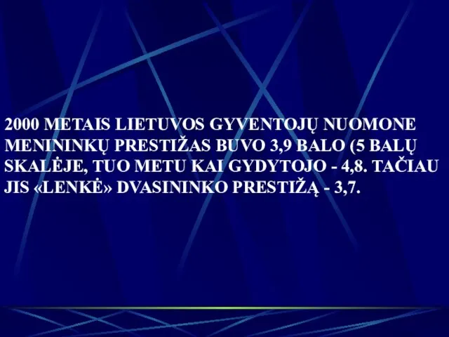 2000 METAIS LIETUVOS GYVENTOJŲ NUOMONE MENININKŲ PRESTIŽAS BUVO 3,9 BALO (5 BALŲ