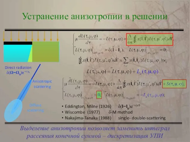 Выделение анизотропии позволяет заменить интеграл рассеяния конечной суммой – дискретизация УПИ Устранение