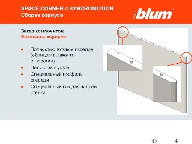 © Julius Blum GmbH SPACE CORNER с SYNCROMOTION Сборка корпуса Заказ компоентов