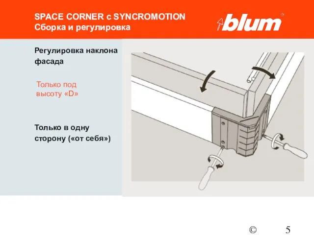 © Julius Blum GmbH SPACE CORNER с SYNCROMOTION Сборка и регулировка Регулировка