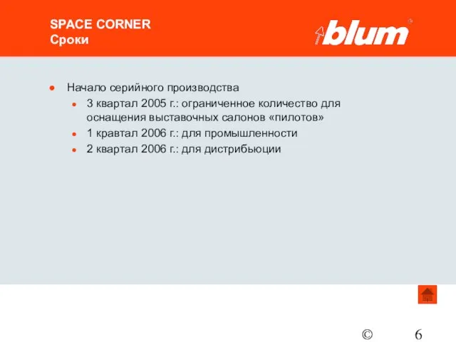 © Julius Blum GmbH SPACE CORNER Сроки Начало серийного производства 3 квартал