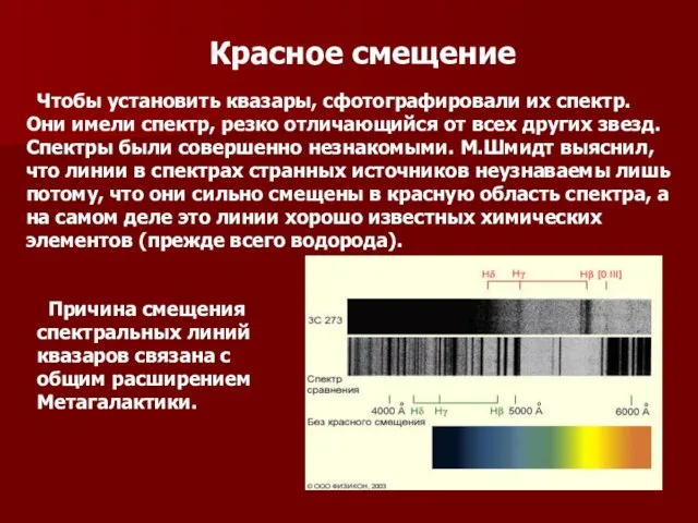 Красное смещение Чтобы установить квазары, сфотографировали их спектр. Они имели спектр, резко