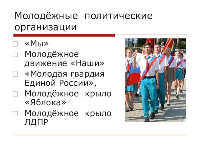 Молодёжные политические организации «Мы» Молодёжное движение «Наши» «Молодая гвардия Единой России», Молодёжное