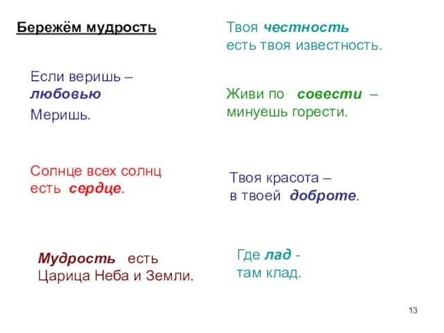 Бережём мудрость Если веришь – любовью Меришь. Солнце всех солнц есть сердце.