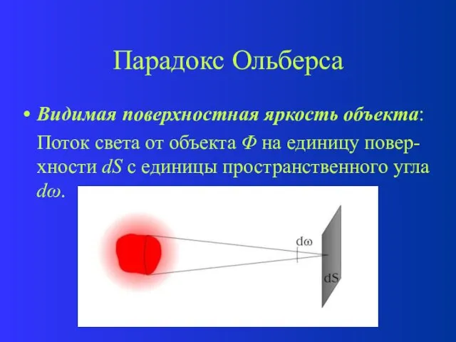 Парадокс Ольберса Видимая поверхностная яркость объекта: Поток света от объекта Φ на