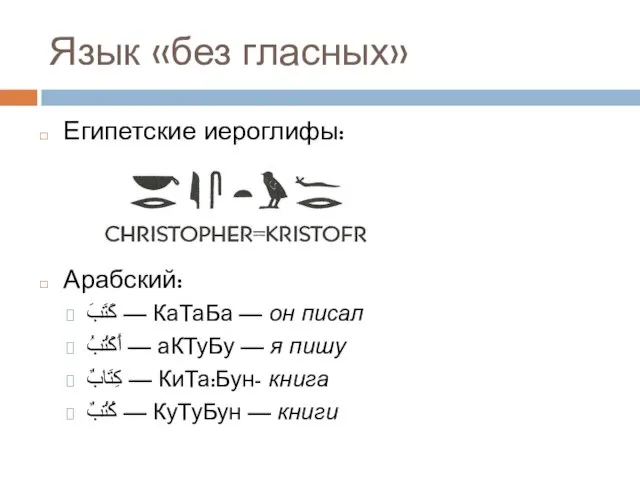 Язык «без гласных» Египетские иероглифы: Арабский: كَتَبَ‎ — КаТаБа — он писал