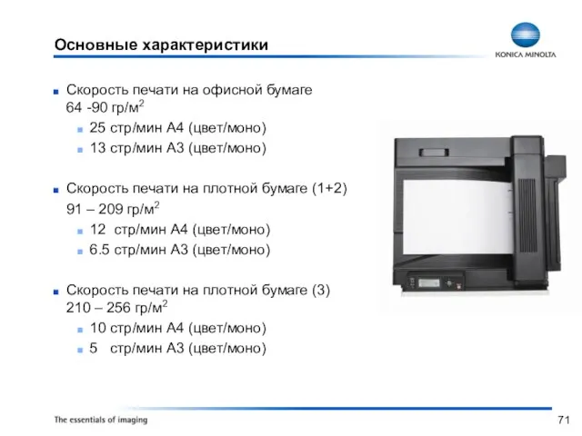 Скорость печати на офисной бумаге 64 -90 гр/м2 25 стр/мин A4 (цвет/моно)