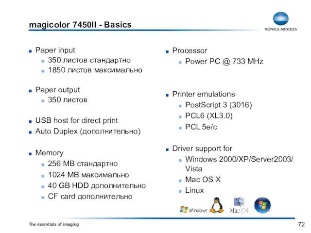 magicolor 7450II - Basics Processor Power PC @ 733 MHz Printer emulations